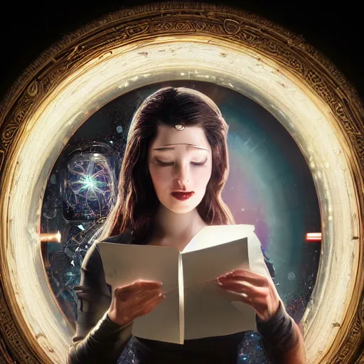 Image similar to a beautiful intricate fine art portrait photo of a happy mechanical futuristic cybernetic female cyborg reading a letter of admission held in her hands, by tom bagshaw and zach sutton, eyes light up, happiness!, perfection!, studio lighting, golden ratio composition, 50mm lens, bionic, cybernetic scifi, deep depth of field, artstation, 8K