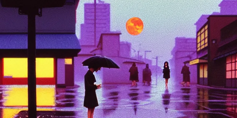 Image similar to an immaculate isometric cinematic keyframe matte painting of the silhouette of a young japanese girl standing in wide wet street 1 9 7 0 s vaporwave rust belt city at dusk with an oversized moon, just after the rain has cleared. by eric lafforgue, glennray tutor and edward hopper, greg rutkowski. trending on artstation.