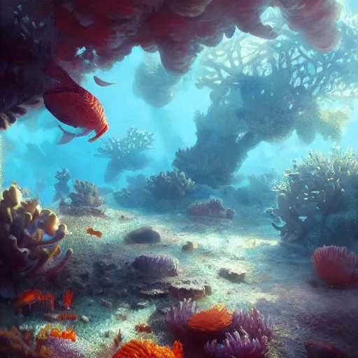 Prompt: beaufiful coral reef photorealistic painting, wlop, concept art, octane render, deviantart, greg rutkowski, cinematic, artstation, key art, hyperrealism