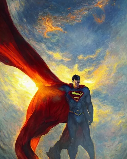 Image similar to superman emerging from the sun, elegant, orange yellow ethereal, horror, fantasy art by greg rutkowski and magali villeneuve and claude monet