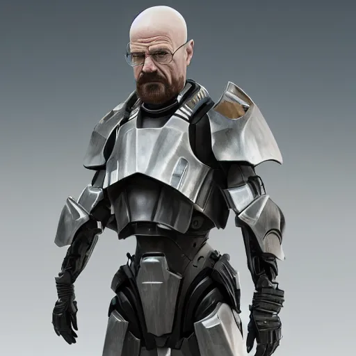 Image similar to Walter White in futuristic battle armor with shields, 4k octane render, highly detailed