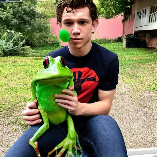 Prompt: Tom Holland with a frog in his mouth