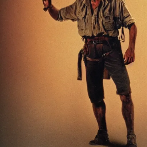 Prompt: zoomed out portrait of young Indiana Jones, 1980, rugged, ripped clothes holding whip, Tran, Ross