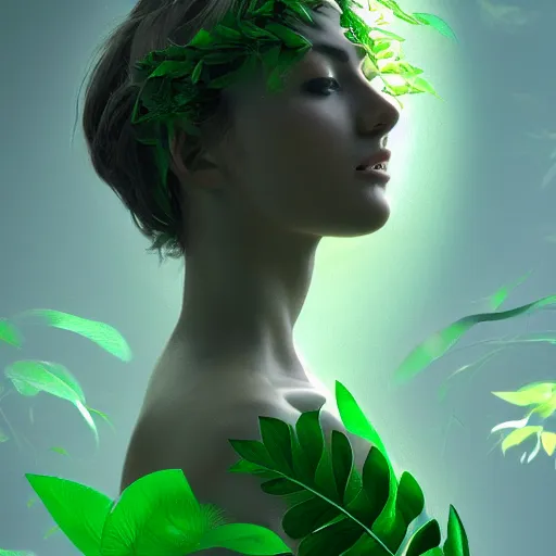 Prompt: a highly detailed digital image of a futuristic beautiful woman elegantly wrapped with green lush leaves, by Andrea Chiampo, artstation and Frederik Heyman, extremely detailed woman, stunning volumetric lighting, hyper realism, fantasy 4k