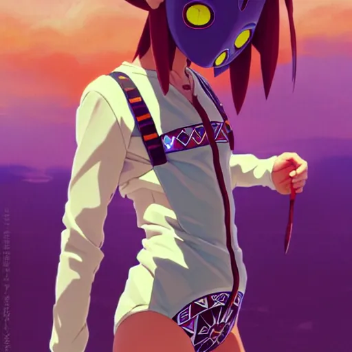 Image similar to beautiful boyish natalie portman gravure model in majora's mask, wearing big mayan bomber jacket with overalls and leotard, big bomber jacket with subtle mayan patterns, aztec bathing suit, gapmoe yandere grimdark, trending on pixiv fanbox, painted by greg rutkowski makoto shinkai takashi takeuchi studio ghibli, akihiko yoshida