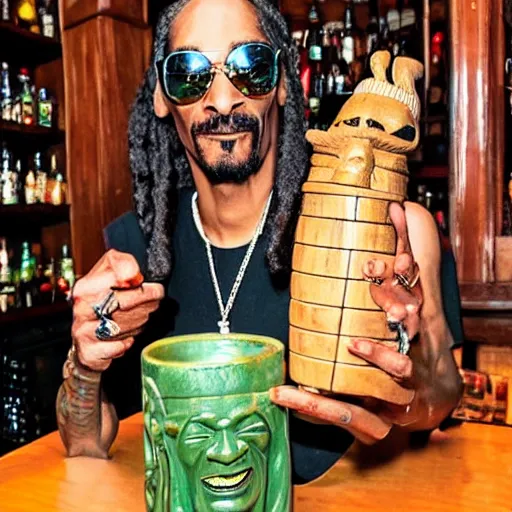 Image similar to snoop dogg at trader vic's bar holding a tiki mug with his face on it