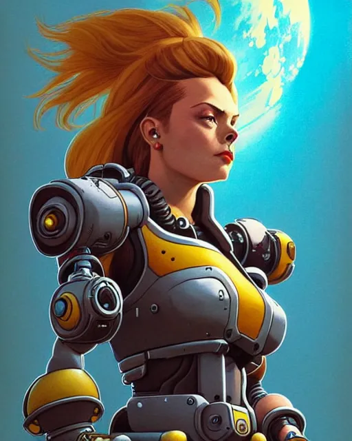 Image similar to brigitte from overwatch, character portrait, portrait, close up, concept art, intricate details, highly detailed, vintage sci - fi poster, retro future, in the style of chris foss, rodger dean, moebius, michael whelan, and gustave dore