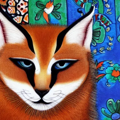 Prompt: cute fluffy caracal as mexican talavera, louvre, istock