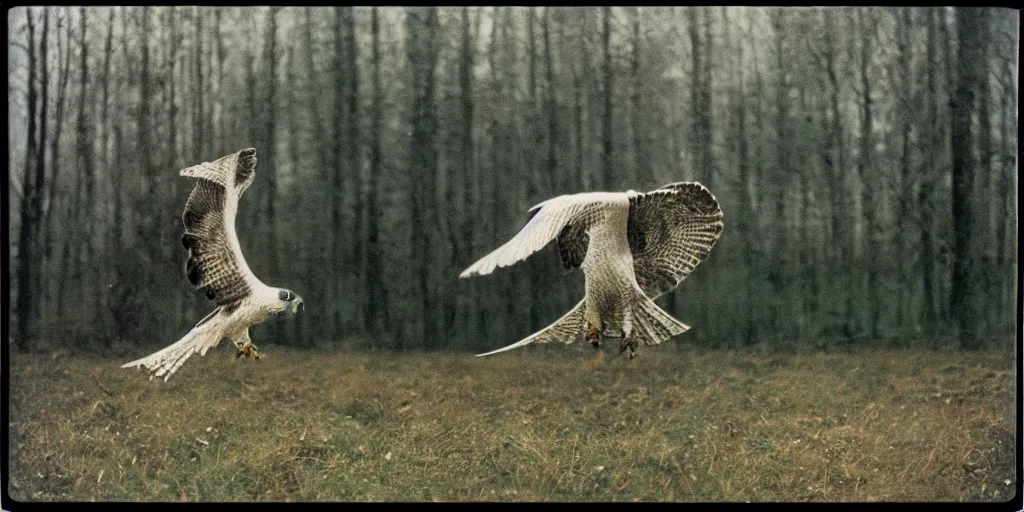 Prompt: detailed medium format photo, polaroid still from tarkovsky movie, a falcon escapes the falconer, haze, high production value, intricate details, 8 k resolution, hyperrealistic, hdr, photorealistic, high definition, tehnicolor, award - winning photography, masterpiece, amazing colors