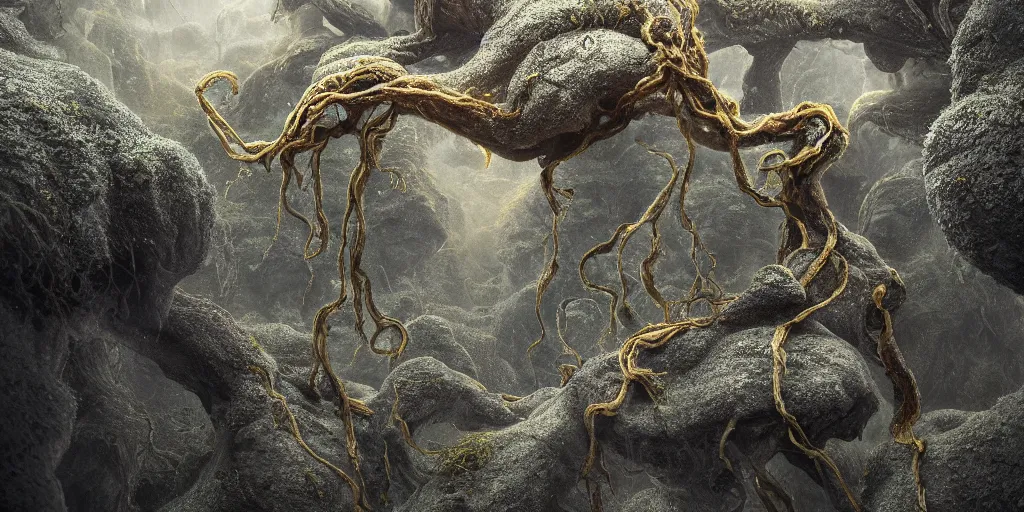 Image similar to Photorealistic intricate detailed picture of a levitating floating man made out of fungus tendrils, with arms outstretched. a gentle rising mist, an epic rocky landscape. occult photorealism, UHD, amazing depth, glowing, golden ratio, 3D octane cycle unreal engine 5, volumetric lighting, cinematic lighting, cgstation artstation concept art