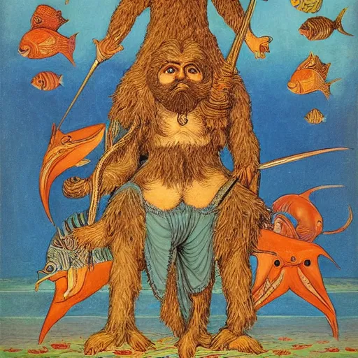 Image similar to lines by louis wain. a experimental art of a mythological scene. large, bearded man seated on a throne, surrounded by sea creatures. he has a trident in one hand & a shield in the other. behind him is a large fish. in front of him are two smaller creatures.