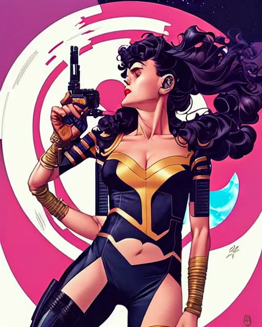 Prompt: artgerm, joshua middleton and sandra chevrier comic cover art, full body betty page as pretty female space pirate, symmetrical eyes, long curly hair, beautiful, rim lighting, vivid colors