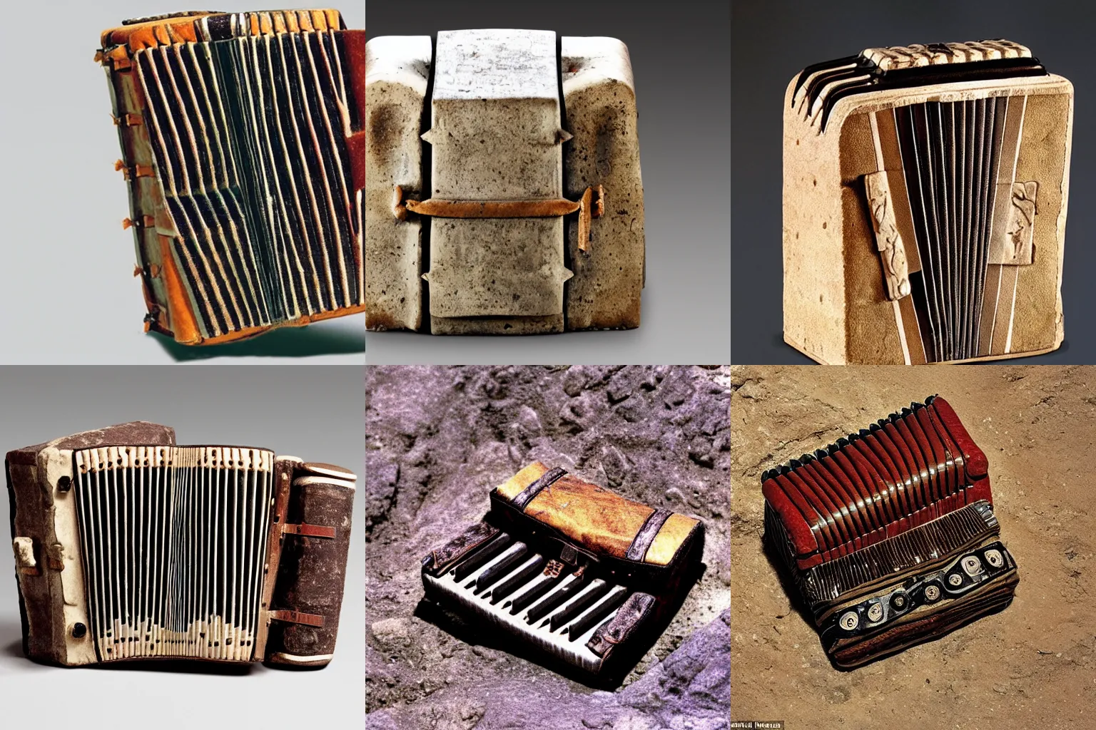 Prompt: an instrument resembling a small accordion, made of stone and animal skin, found in near-perfect condition at an archaeological site dating to 6000 BC, photo from the dig site, 85mm lens