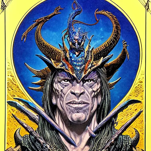 Prompt: head and shoulders portrait of a medieval d & d fantasy anthropomorphic blue dragon - headed sorcerer, d & d rulebook cover art by jeff easley, hr giger, and frank miller