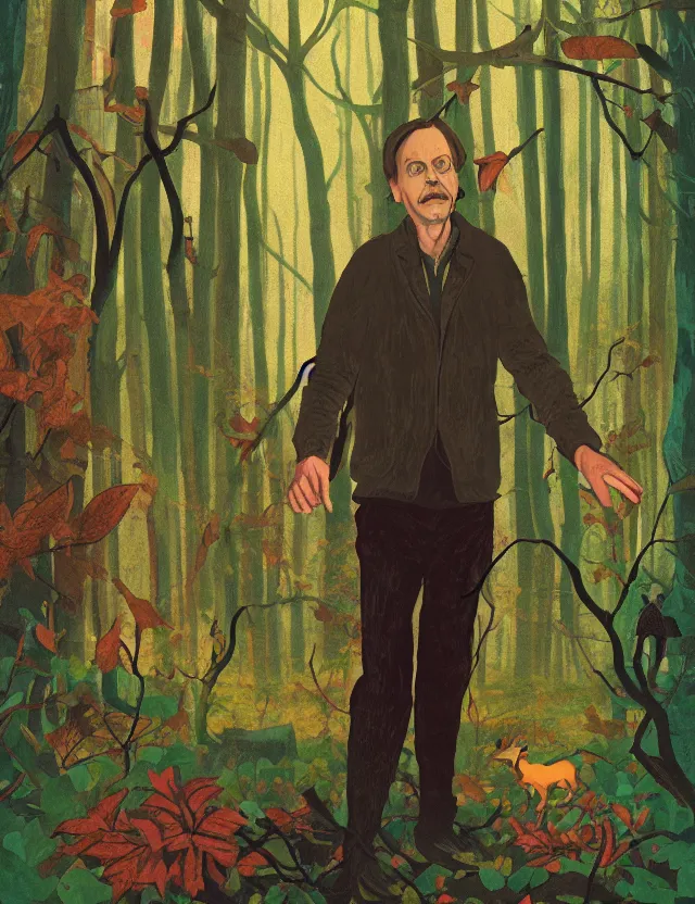 Prompt: steve buscemi in a fairytale forest. gouache fairytale art, russian romanticism, muted palette, backlighting, depth of field
