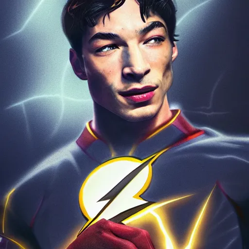 Image similar to ezra miller as flash eat popcorn, light dust, warm lighting, high detailed, artstation