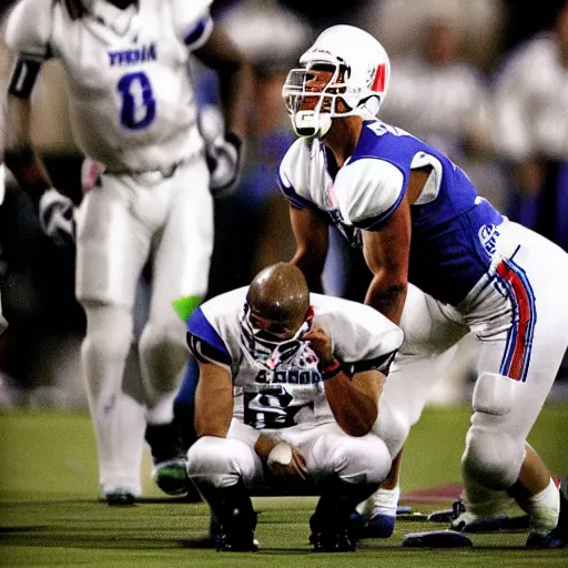 Prompt: a photo of a decapitated quarterback in the background with an upset offensive tackle in the foreground, sports photography