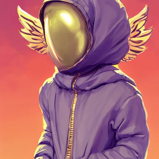 Image similar to baby Angel cherub,wearing angel halo, ski mask, balaclava, wearing angel halo covered face, orange hoodie, hip hop, multiple golden necklaces, fantasy art apex fortnite Video game icon, 2d game art gta5 cover , official fanart behance hd artstation by Jesper Ejsing, by RHADS, Makoto Shinkai and Lois van baarle, ilya kuvshinov, rossdraws