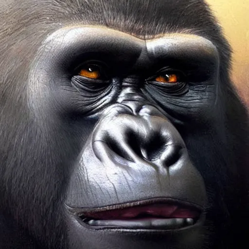 Image similar to a painting of a gorilla, greg rutkowski, leonardo da vinci cinematic lighting, hyper realistic painting