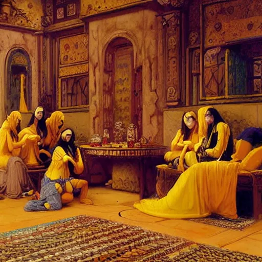 Image similar to the minions harem scene, by jean - leon gerome, otto pilny, adrien henri tanoux, giulio rosati, orientalism painting