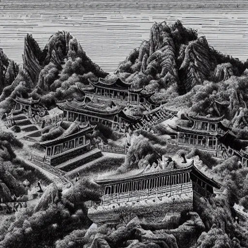 Prompt: ancient chinese fortress in the mountains of xi\'an, desert environment, mountainous gobi desert historic woodcut-styled artwork from ancient china hyperdetailed, artstation trending, world renowned artists, worth1000.com, historic artworks society, antique renewel, cgsociety, by greg rutkowski, by Gustave Dore, Deviantart