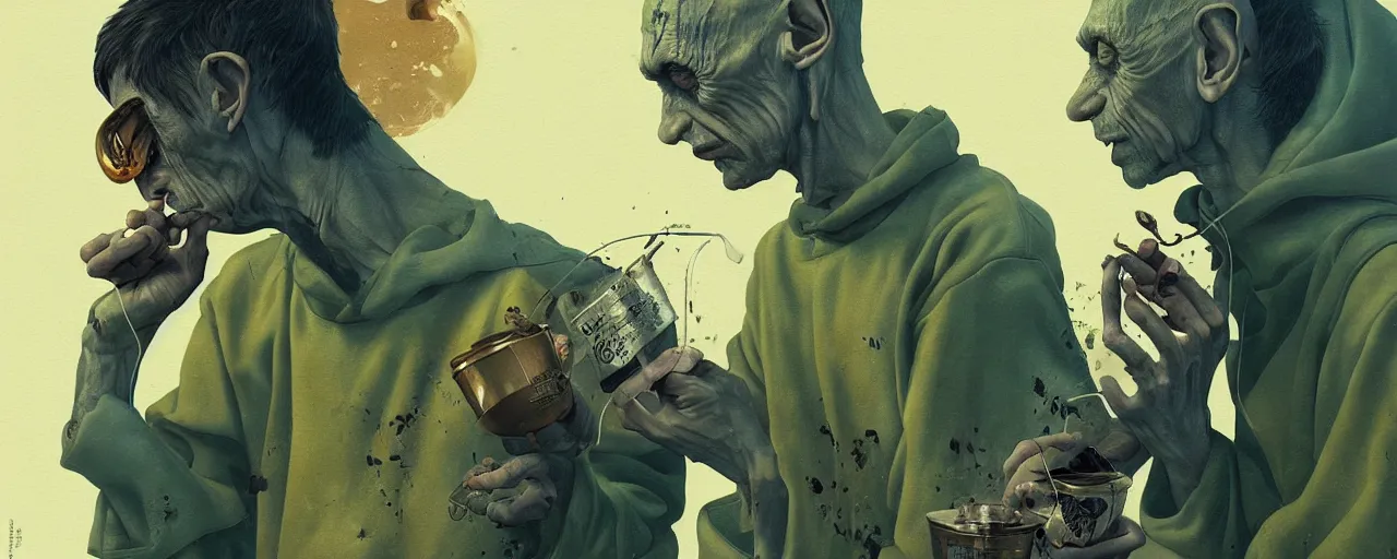 Image similar to duotone olive illustration 3 / 4 portrait of gollum drinking yerba mate from metal cup symmetrical composition accidental renaissance golden ratio. by sachin teng and sergey kolesov and ruan jia and heng z. graffiti art, scifi, fantasy, hyper detailed. octane render. concept art. trending on artstation