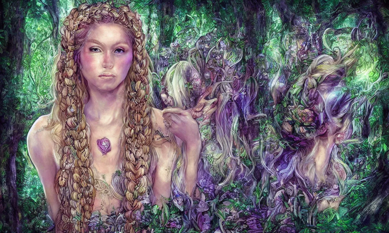 Image similar to beautiful blonde woman with plaits, forest fae, psychedelic mushrooms, magic, mystical, white witch, photorealistic, sacred geometry