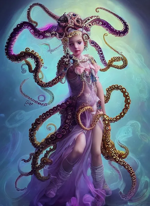 Image similar to A full body shot of a cute young magical girl wearing an ornate dress made of opals and tentacles. Monster GIrl. Subsurface Scattering. Dynamic Pose. Translucent Skin. Rainbow palette. defined facial features, symmetrical facial features. Opalescent surface. Soft Lighting. beautiful lighting. By Giger and Ruan Jia and Artgerm and WLOP and William-Adolphe Bouguereau. Photo real. Hyper-real. Photorealism. Fantasy Illustration. Sailor Moon hair. Masterpiece. trending on artstation, featured on pixiv, award winning, cinematic composition, dramatic pose, sharp, details, Hyper-detailed, HD, HDR, 4K, 8K.