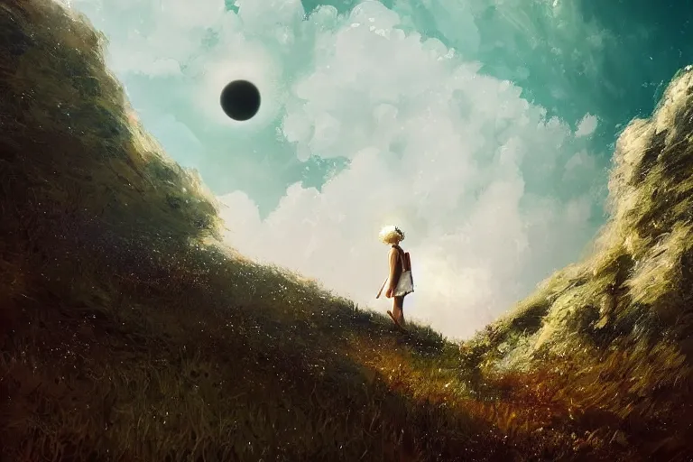 Image similar to giant white daisy flower on head, girl walking on cliff, surreal photography, solar eclipse, milky way, dramatic light, impressionist painting, clouds, digital painting, artstation, james gilleard, liam wong, jeremy mann, simon stalenhag