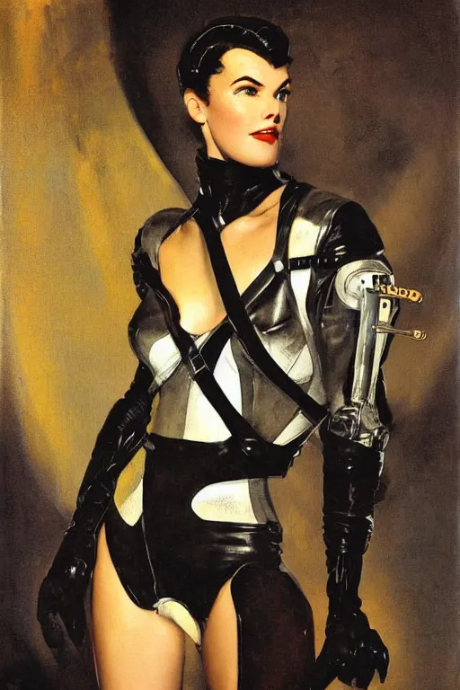 Image similar to 5 0 s pulp scifi fantasy illustration upper body portrait striking elegant mature woman in leather spacesuit by norman rockwell, roberto ferri, daniel gerhartz, edd cartier, jack kirby, howard v brown, ruan jia, tom lovell, frank r paul, jacob collins, dean cornwell, astounding stories, amazing, fantasy, other worlds