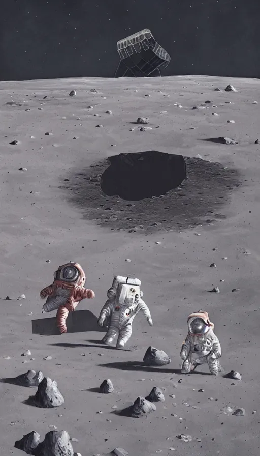 Image similar to a beautiful artwork illustration, astronauts discover a giant obsidian monolith on the moon, by rutkowski and stalenhag, featured on artstation, wide angle, vertical orientation