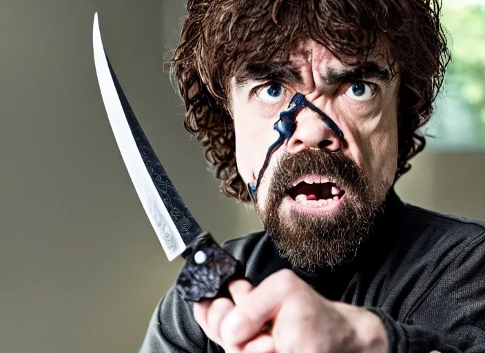 Image similar to peter dinklage knife in mouth running, movie still, from the new scream movie, 8 k, realistic