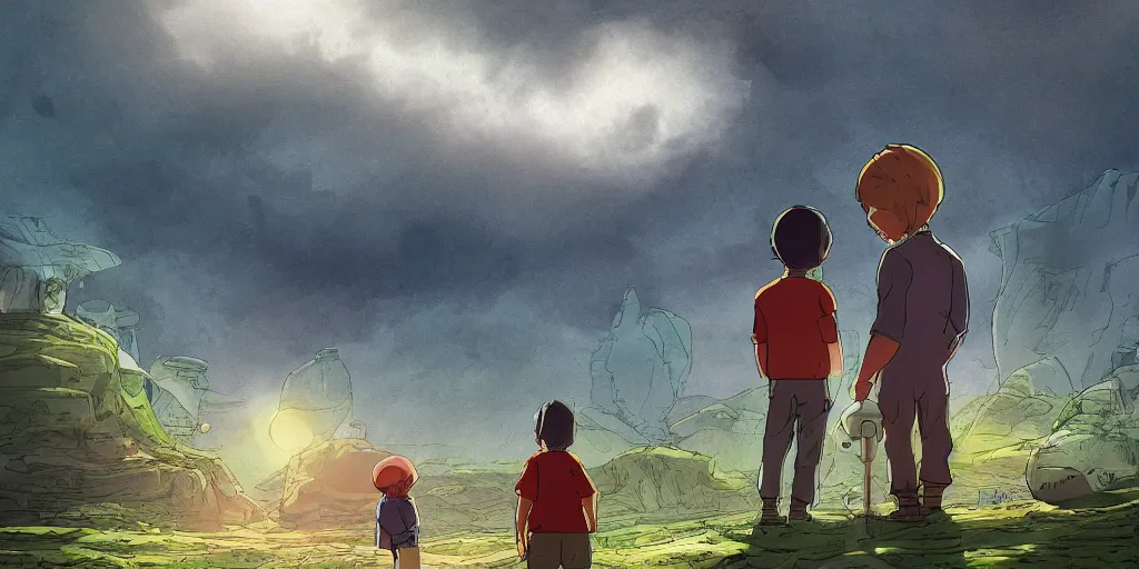 Image similar to highly detailed cell - shaded cartoon landscape with two boys looking at a miniature alien creature 1 9 7 0 s science fiction, moody, misty, depth perception, 4 k, artstation, in the style of studio ghibli