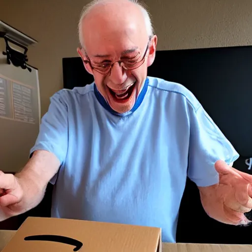 Image similar to an excited old man opening an amazon package full of diamonds