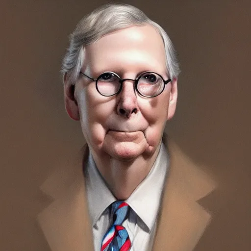 Image similar to amazingly beautiful portrait of a hyper realistic mitch mcconnell!!!! as a turtle / tortoise, as an anthropomorphic turtle, painted by greg rutkowski, artgerm, beautiful lighting, masterpiece, epic, 4 k