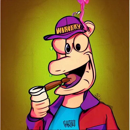 Image similar to barney the dinosaur from kids show drinking whisky and smoking a cigar, portrait art by, digital art, trending on artstation