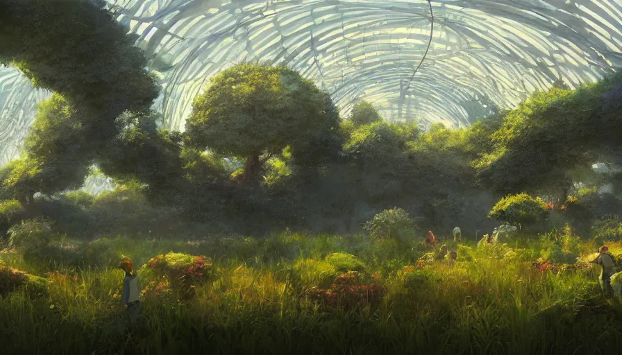 Image similar to craig mullins and ghibli digital illustration of solarpunk fields of crops and hydroponics under an invisible dome, farms, colorful, unreal engine, hyper realism, realistic shading, cinematic composition, realistic render, octane render, detailed textures, photorealistic, wide shot