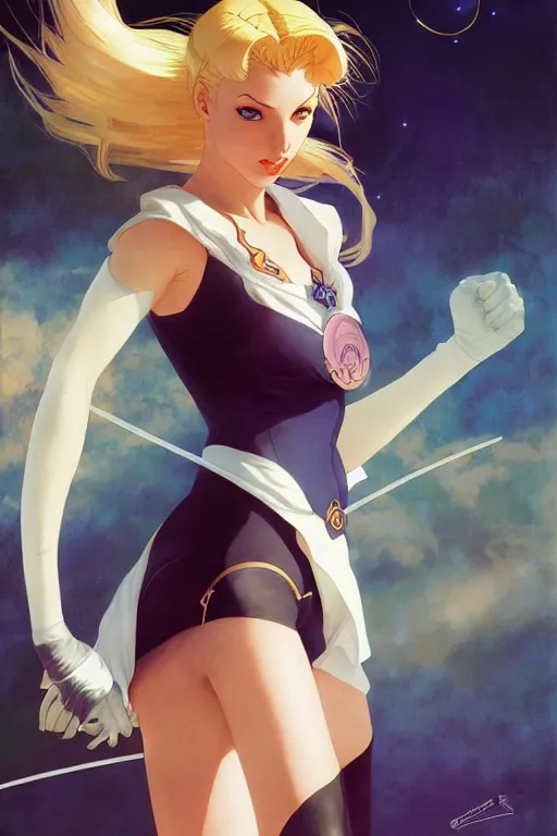 Prompt: blonde sailor moon as aeon flux, by Stanley Artgerm Lau, greg rutkowski, Craig mullins, Peter chung, thomas kindkade, alphonse mucha, loish,