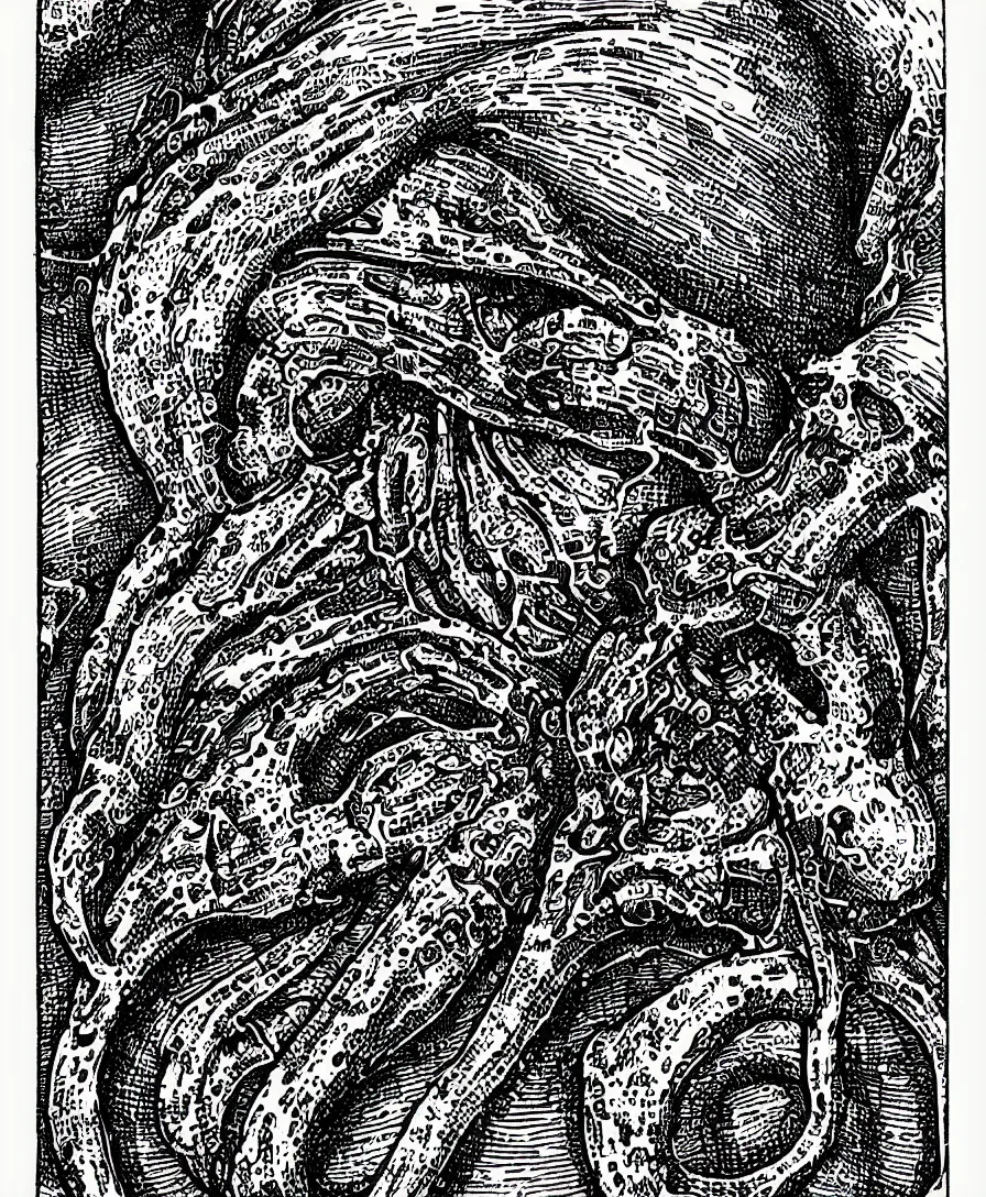 Image similar to ultradetailed halftone print, anatomical cross-section of an illithid mindflayer