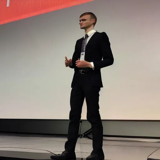 Prompt: gigachad vitalik buterin wearing a suit presenting at a conference