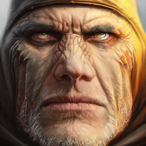 Image similar to the hooded doomslayer as a realistic d & d fantasy character, closeup portrait art by donato giancola and greg rutkowski, vintage retro, realistic face, digital art, trending on artstation, symmetry!!