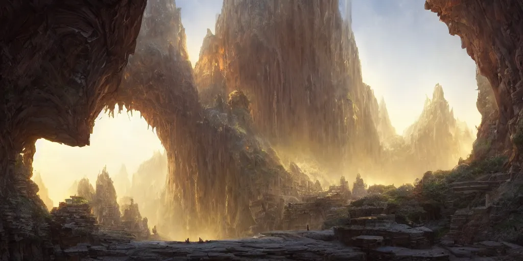 Prompt: A beautiful hyper realistic detailed matte painting of an entrance to a dungeon of the gods at the base of an ancient mountain, dramatic lighting, dynamic lighting, cinematic lighting, lit by morning light, by Finnian MacManus and Jessica Rossier, unreal engine, featured on artstation, ultrawide angle, f8, polarizer filter