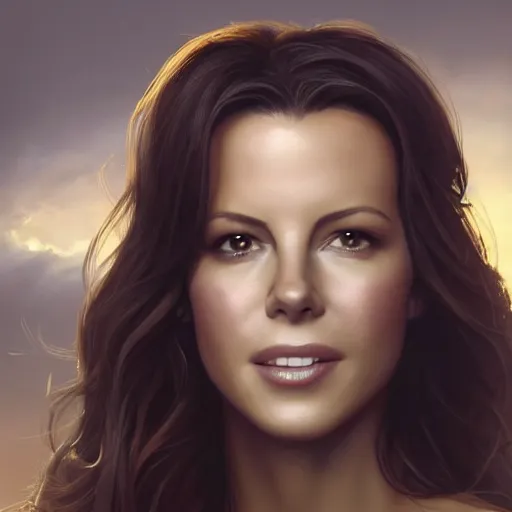 Image similar to closeup portrait of a kate beckinsale as a software engineer, she is a nerd, seductive smile, chiaroscuro, computer geek, golden hour, dramatic lighting, complementary contrast, high detail, painted by greg rutkowski, painted by igor kieryluk, trending on artstation