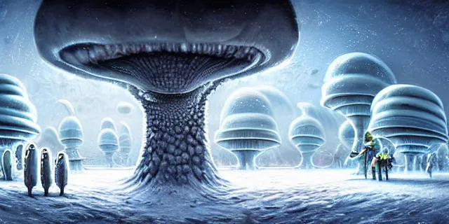 Image similar to painting artic snow covered alien mushroom labyrinth consuming futuristic mega city from blade in the style of florapunk by tomasz alen kopera and daniel lieske with futuristic castle by simon stahlenhag