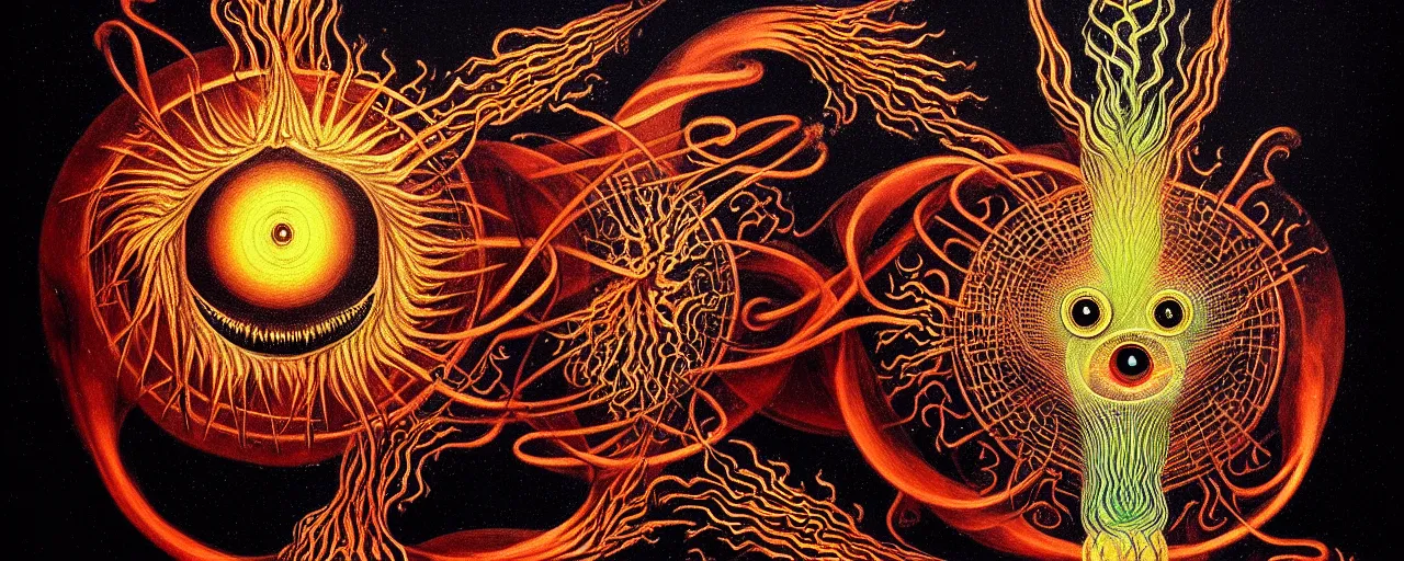 Image similar to a strange fire creature with endearing eyes radiates a unique canto'as above so below'while being ignited by the spirit of haeckel and robert fludd, breakthrough is iminent, glory be to the magic within, in honor of saturn, painted by ronny khalil