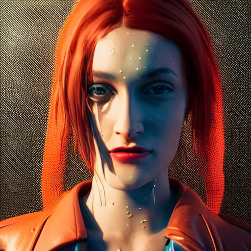 Image similar to stylish woman cartoon portrait made out of rain, leather jacket, cyberpunk background, rendered in octane, unreal engine, highly detailed, trending on artstation, realistic, splashes of neon, beautiful