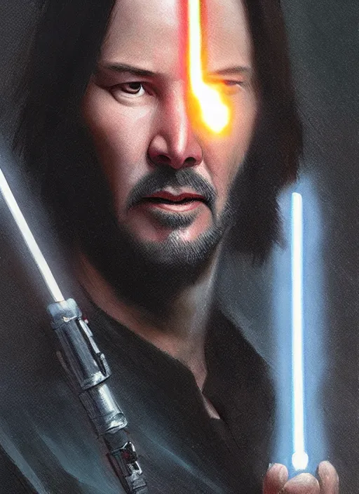 Image similar to close - up keanu reeves as a jedi holding a lightsaber, greg rutkowski, 8 k, shallow depth of field, intricate detail, concept art,