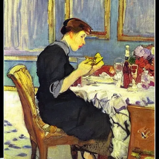 Image similar to a young beautiful lady is sitting at the table, in style of Valentin Serov,