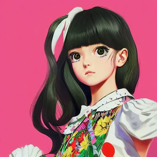 Image similar to little girl wearing an gucci's outfit. art by ilya kuvshinov, profile picture, inspired by hirohiko araki, highly detailed, 8 0 s anime art style, realistic, vogue cover