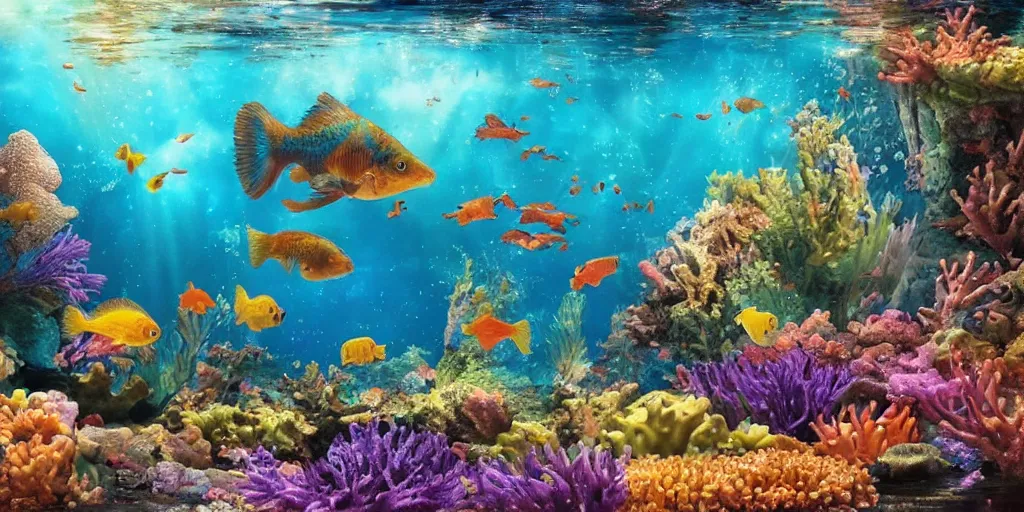 Image similar to beautiful underwater scene. an ancient ship sunk in the abyssvery shiny water. colorful fish. seahorse. goldfish. coral, water flowers. beautiful lighting, 4 k post - processing, highly detailed, 5 k extremely detailed, 3 d. sun is highlighting the bubbles. render in octane and cryengine. painterly detailed matte painting, by albert bierstadt